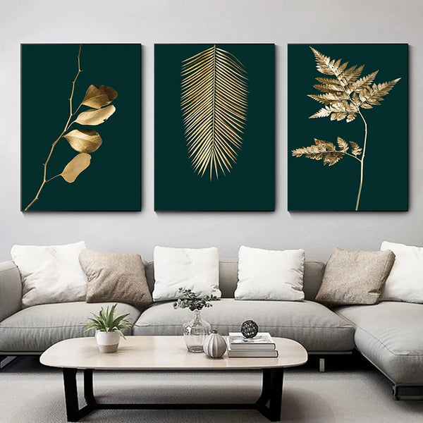 Tableau Abstrait Feuilles Vertes et Dorées – Art sur Toile Style Nordique