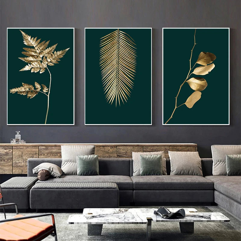 Tableau Abstrait Feuilles Vertes et Dorées – Art sur Toile Style Nordique