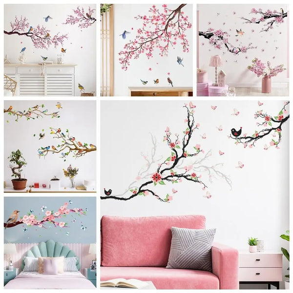 Sticker Mural Branche Fleurie & Oiseaux – Élégance Naturelle