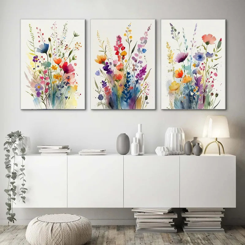 Set de 3 Affiches Aquarelle Fleurs – Impression sur Toile Décorative