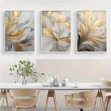 Triptyque Élégant - Feuilles Dorées & Blanches sur Toile