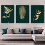 Tableau Abstrait Feuilles Vertes et Dorées – Art sur Toile Style Nordique