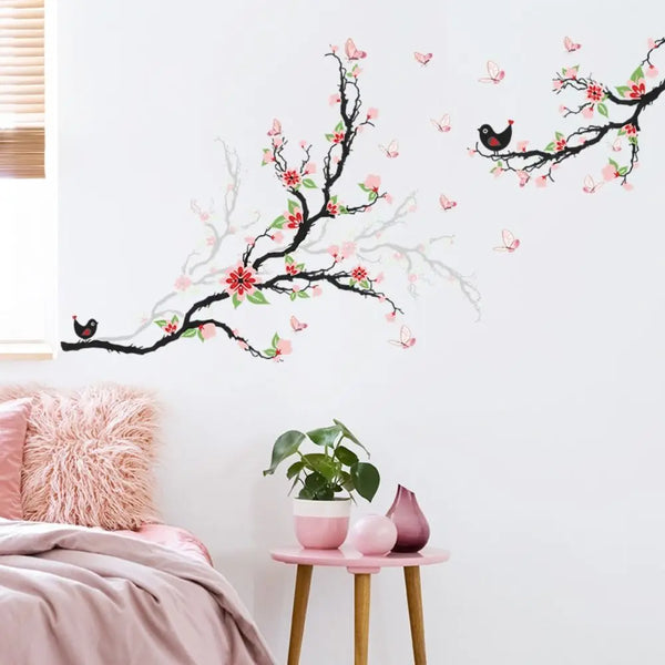 Sticker Mural Branche Fleurie & Oiseaux – Élégance Naturelle