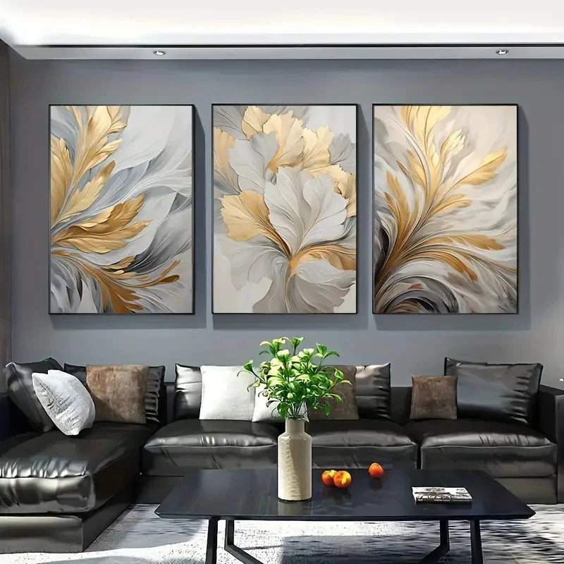 Elegantes Triptychon - Goldene und weiße Blätter auf Leinwand