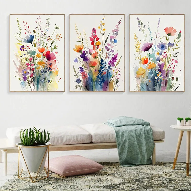 Set de 3 Affiches Aquarelle Fleurs – Impression sur Toile Décorative